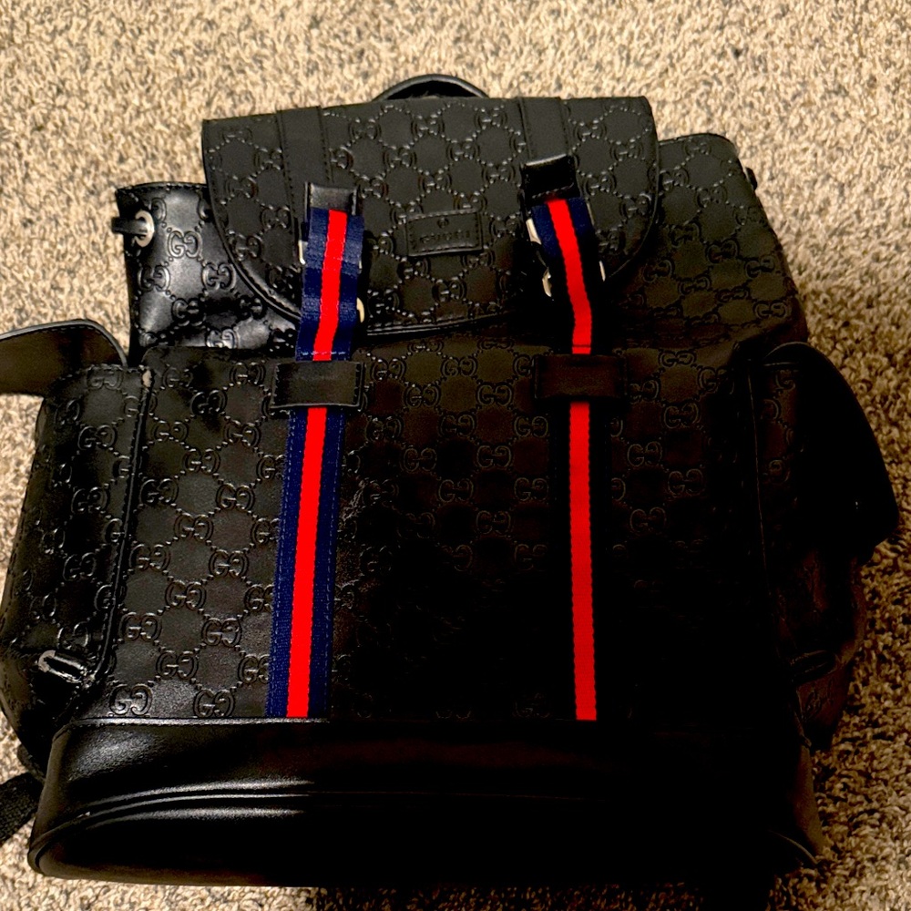 Gucci Black Backpack with Red and Blue Accents
